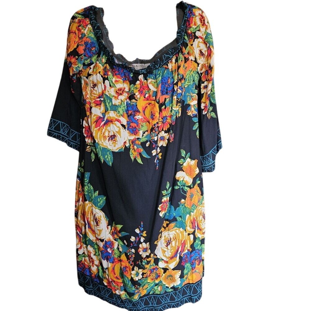 Flying Tomato Floral Tunic Top L - Boho‎ Black Orange Long Sleeve Coverup